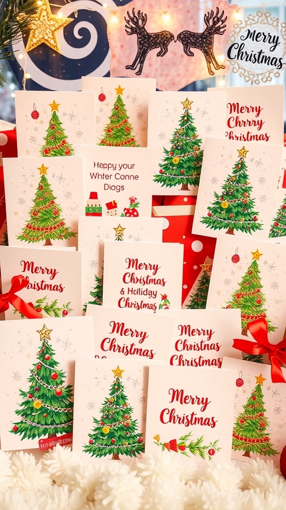 A collection of colorful Christmas cards with festive designs and messages, surrounded by holiday decorations.